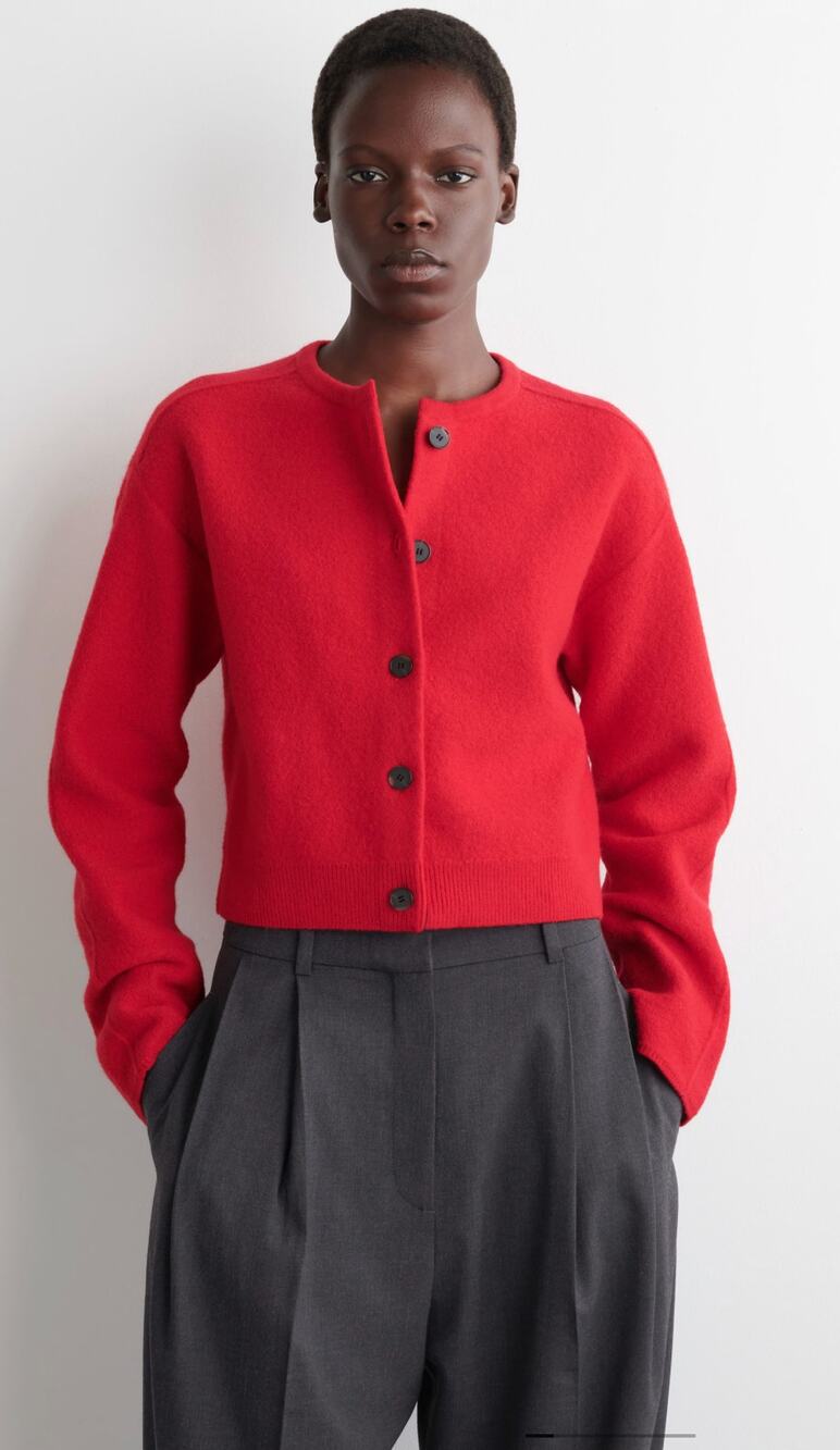 Cos Sweater Womens XS Boiled Wool Cardigan Cropped in Red Minimalist Preppy Work